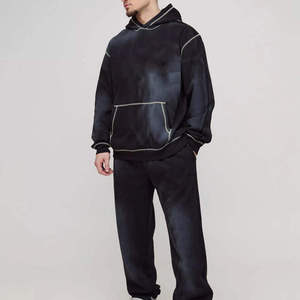 Survêtement à capuche noir pour homme, couleur unie, coupe décontractée, sweat-shirt à manches longues avec poches latérales, coton mi-lourd, vêtements d'automne - Product Image 5