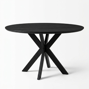 Table à manger ronde en teck massif, base en forme de croix noire mate, mobilier de cuisine moderne minimaliste, table de petit-déjeuner circulaire - Product Image 1