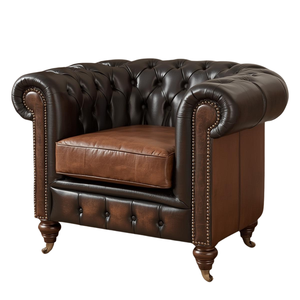 Fauteuil d'appoint classique en cuir marron de luxe avec dossier capitonné pour salon ou bureau - Product Image 2