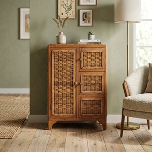 Nouvelle console de rangement en rotin tressé et bois, style moderne et minimaliste, avec tiroirs, pour l'intérieur - Vente en gros - Product Image 5