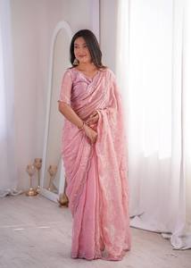 Luxury <b>Blush</b> Pink Cotton Saree Women | Traditional Heavy Sequins Floral Thread Embroidery | Designer Indian Wedding Party | - Product Image 2
