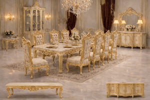 Juego de Muebles de Comedor de Lujo Estilo Castillo, Diseño Personalizado, Mesa de Comedor Dorada Antigua, Juego de Comedor Clásico de Madera de Teca, EE. UU. - Product Image 2