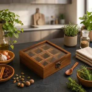 Boîte à épices en bois artisanale avec couvercle et cuillère, organisateur d'épices de cuisine à 9 compartiments, conteneur de rangement pour épices en bois - Product Image 6