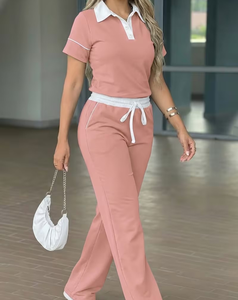 Women's Pink 2-Piece Casual Set Short Sleeve Polo Top With Drawstring Pants Solid Color Breathable Knitted Daily Wear Spring Sum - Product Image 1