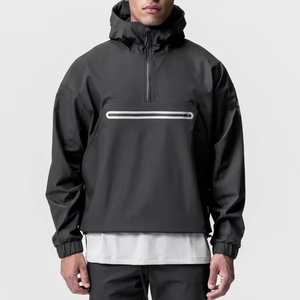 Men's Windproof Hooded Quarter-Zip Solid Color Black Polyester Shell with Zippered Pocket <b>Coach</b> Jacket For Online Sale - Product Image 1