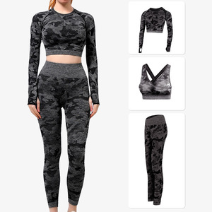 Women's 3-Piece Yoga Set High Waist <b>Leggings</b> <b>Crop</b> Top Sport Bra Full Length Breathable Activewear Workout Clothing - Product Image 2