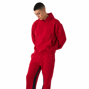 Conjunto Deportivo Rojo para Hombre con Capucha, Corte Holgado, Color Sólido, con Bolsillos Laterales, Transpirable, Estilo Casual para Otoño - Product Image 3