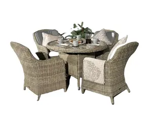 5-Piece Indoor Outdoor Wicker Patio Dining Table Furniture Set w/ Umbrella Cutout, 4 Chairs