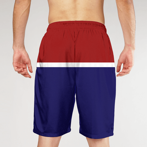 Short de bain décontracté pour homme, color block rouge, bleu et blanc, avec cordon de serrage, séchage rapide, longueur courte, taille mi-haute - Product Image 2