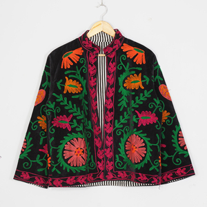 Women Velvet Embroidered <b>Jacket</b> Mandarin Collar Lantern Sleeve Floral Boho Style Autumn Coat Handmade Suzani <b>Pattern</b> - Product Image 2