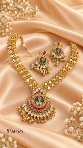 High Premium Quality Gold Plated Necklace and Earrings <b>Set</b> for Women Emerald Pearl <b>Bridal</b> <b>Jewelry</b> for Wedding - Product Image 2