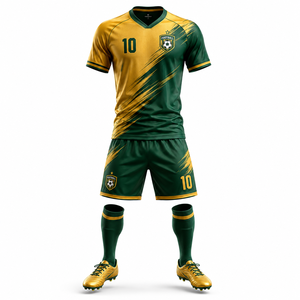 Ensemble de maillots de football personnalisés par sublimation, maillot d'équipe pour hommes, short, col en V, poches latérales en mesh, vert or, vêtements de sport à séchage rapide - Product Image 3