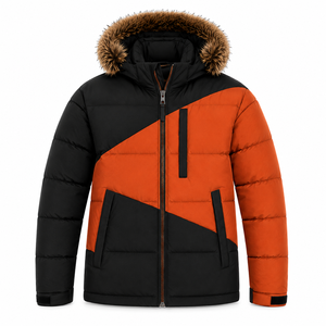 Blouson matelassé à capuche pour homme, personnalisable (couleurs et tailles), avec patch en caoutchouc, hydrofuge, pour l'hiver et l'extérieur, garniture en fourrure, rembourrage épais - Product Image 1