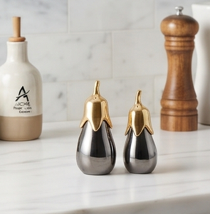 Eggplant Brinjal Shaped Metal Salt and Pepper Shakers Set For Kitchen Restaurant Novelty Storage Holders Durable Standing Type - Product Image 1