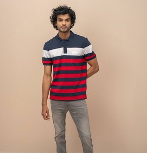 Camiseta de Punto a Rayas para Hombre, Manga Corta, Corte Regular, Diseño Casual con Bloques de Color Azul Marino, Rojo y Blanco - Product Image 1