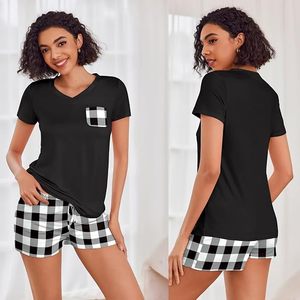 Ensemble deux pièces décontracté pour femmes, haut à manches courtes et col en V avec poche à carreaux et short assorti, coupe ample, pour toutes les saisons - Product Image 5