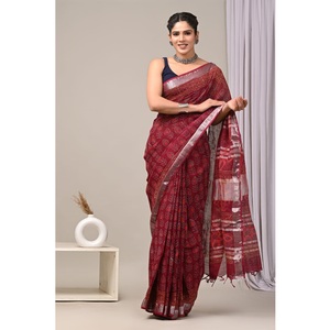 Sari en lin tendance pour les festivals, avec des imprimés numériques et une blouse de créateur, au prix de gros - Product Image 5