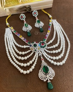Shiva Multi Strand Pearl Necklace Set With <b>Emerald</b> Pendant And Matching Earrings Women's Vintage Jewelry Wedding Style - Product Image 2