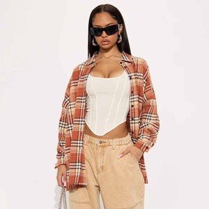 Plaid <b>Flannel</b> Long Sleeve <b>Shirt</b> <b>Women</b> Casual Autumn Oversized Checkered Button-Up Top Turn-Down Collar 100% Cotton Woven - Product Image 4