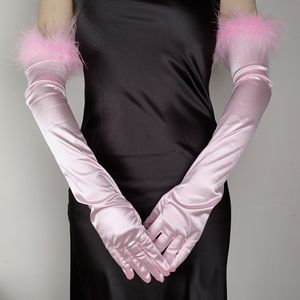 2025 Women Stylish Summer Vintage Satin <b>Black</b> <b>Feather</b> Lace Long Wedding Dress Stretch Spandex Satin Ceremonial Sunscreen Gloves - Product Image 5