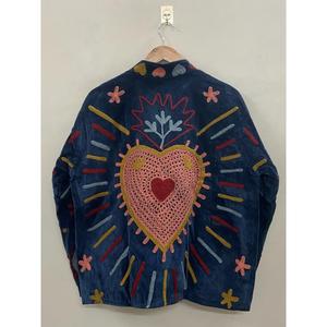 Hand Embroidered Velvet Knitted Cotton <b>Jacket</b> <b>Women</b> Mandarin Collar Full Sleeve Floral Pattern Open Front Prairie Winter/<b>Spring</b> - Product Image 5