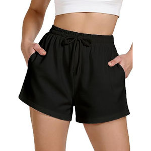Shorts en molleton pour femme, taille haute, avec cordon de serrage, poches, en mélange de coton brossé doux, ourlet côtelé, pour la gym et l'hiver - Product Image 3