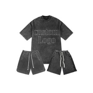 Conjunto de Camiseta de Manga Corta con Cuello Redondo y Pantalones Cortos Bordados para Hombre, Talla Grande, Verano - Product Image 1