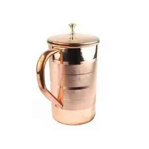 Lined Copper Water <b>Jug</b> with Lid Engraved Stripes Ayurvedic Drinkware Pitcher for Hotel Restaurant Catering Tableware - Product Image 1