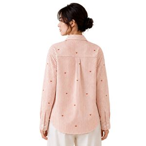 เสื้อเชิ้ตผู้หญิงลายทางสีส้มสนิมขาว แขนยาว ผ้าฝ้าย ปักลายหัวใจ ทรงหลวม สไตล์ลำลอง แฟชั่นโอเวอร์ไซส์ - Product Image 2