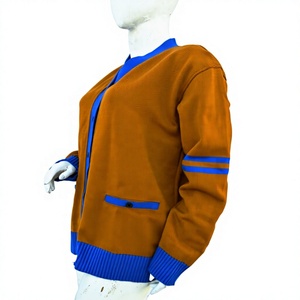 Mustard Brown Striped Cardigan Blue Trim V Neck Full Sleeve Women's <b>Preppy</b> Style Autumn Wear Anti-Pilling Embroidery Appliques - Product Image 1