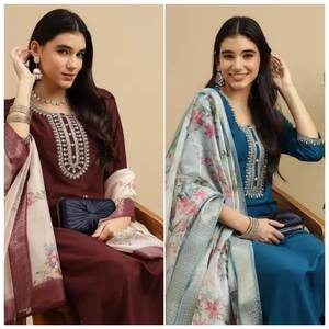 Conjunto de Kurta, Pantalón y Dupatta de Rayón para Mujer, Moderno, para Fiestas, Bodas, Verano e Invierno, Bordado, Manga Tres Cuartos, Completo - Product Image 2