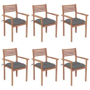 Chaises de patio empilables en bois de teck massif, 6 pièces, avec coussins - Product Image 1