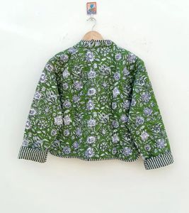 Handmade Cotton Quilted <b>Jacket</b>: V-Neck Floral Indian Coat Reversible Lightweight Coat - Product Image 6