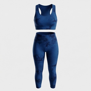 <b>Women</b> <b>Navy</b> Blue Tie Dye Yoga Set Racerback Crop Top High Waist Full Length <b>Leggings</b> 2 Piece - Product Image 1