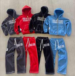 Custom Sweat Jogger Stacked Pants Set Chándales 2 Piezas Desgastado Bordado Sudadera con capucha y pantalones de chándal acampanados Conjuntos para los hombres - Product Image 3