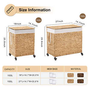 Moderno Cesto Portabiancheria da 100L a 2 Scomparti con Coperchio e Ruote in Giacinto d'Acqua Naturale Intrecciato per Uso Bagno - Product Image 3