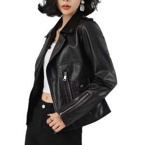 Chaqueta de Motociclista de Cuero para Mujer, Manga Larga, Cierre de Cremallera, Cuello Camisero, Color Sólido, Estilo Otoñal, Corte Corto - Product Image 4