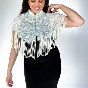 High Fashion Sexy Vintage Mandarin Collar Tulle Long Fringed Women Bespoke Blouse/<b>Poncho</b> Top Hand Embroidered Beaded Breathable - Product Image 1