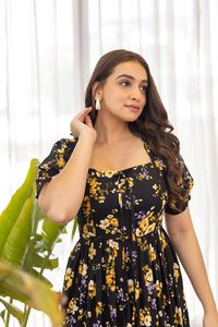 Floral Print <b>Black</b> A-Line Midi <b>Dress</b> With Square Neck Cap Sleeve Casual Summer Woven <b>Dress</b> Beautiful <b>Dress</b> Women Elegant - Product Image 1