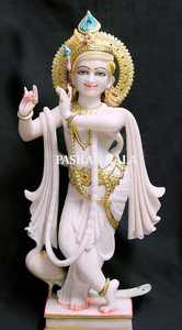 Estatua de Mármol Blanco Makrana Hecha a Mano del Dios Krishna, con Silbato, en Posición de Pie, Estilo Elegante, Rectangular, Duradera y Tradicional - Product Image 6