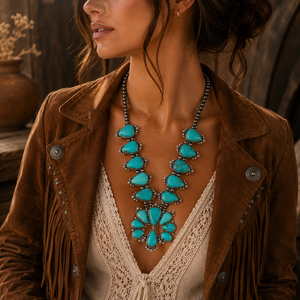Collier en turquoise style Squash Blossom, fait main, style bohème western, collier statement massif en turquoise pour cowgirl du sud-ouest - Product Image 2