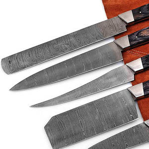 Ensemble de couteaux en acier Damas, 6 pièces, manche en bois, finition satinée, lames affûtées, longueur 8-9,9 pouces, construction en acier au carbone - Product Image 2