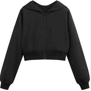 Sudadera con capucha negra para mujer, con cremallera, hombros caídos, manga larga, estilo casual, corta, de color liso. - Product Image 5