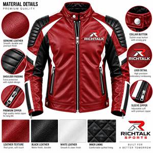 Blouson de moto en cuir pour homme, rouge, noir, blanc, color block, col montant, fermeture éclair, style motard - Product Image 6