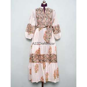 Robe longue en coton faite main, respirante, décontractée, vintage, pour l'été, à porter au quotidien, coupe ample, imprimé floral, col en V, manches longues, taille naturelle - Product Image 3