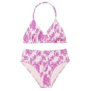 Ensemble bikini imprimé violet pour femme, haut dos nu et bas taille haute, maillot de bain tricoté texturé 2 pièces extensible, tenue de plage OEM - Product Image 5