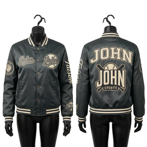 เสื้อแจ็คเก็ตบอมเบอร์ผู้หญิง ผ้าซาตินคุณภาพสูง สีเขียวและสีเทาตัดกันที่แขนเสื้อ ปักลายเชนิลล์ ปักโลโก้ เสื้อแจ็คเก็ตผู้หญิง - Product Image 4