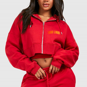 Custom Logo <b>Women's</b> <b>Red</b> Cropped Zip-Up Hoodie Solid Color Long Sleeve Knitted <b>Sweatshirt</b> Autumn Wear - Product Image 3
