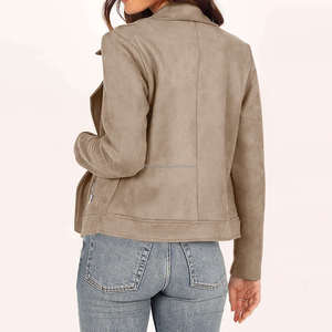 Vestes pour femmes en daim de Style motard taupe avec fermeture à glissière asymétrique col à revers manches longues recadrée Moto Fit Look Vintage moderne - Product Image 3