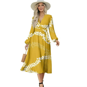 Custom Hawaiian Print Midi Dress Long Sleeve V Neck <b>Wrap</b> Dress Loose Fit Casual Women Dress - Product Image 1